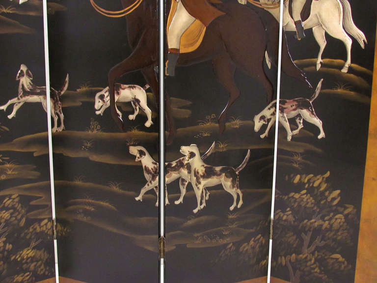 Mid-20th Century Four Panel Screen Room Divider with Fox Hunt & Horses Motif