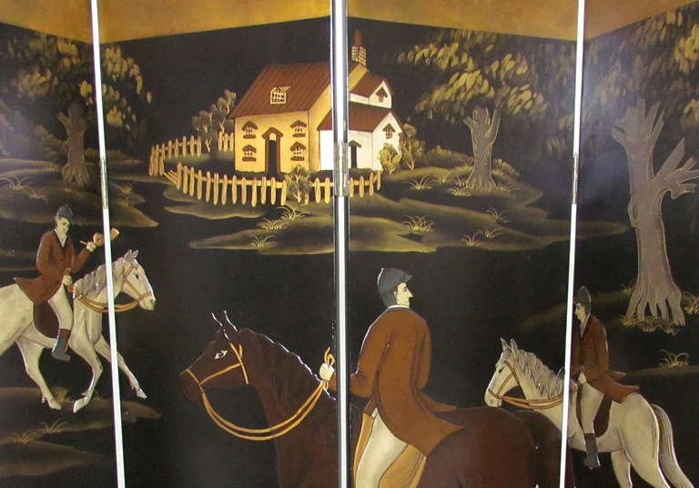 Four Panel Screen Room Divider with Fox Hunt & Horses Motif 2