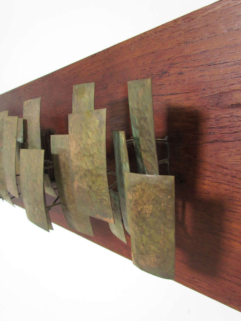 Brutalist Mid-Century Wall Sculpture on Teak Panel by George Edward Lane In Good Condition In Peabody, MA