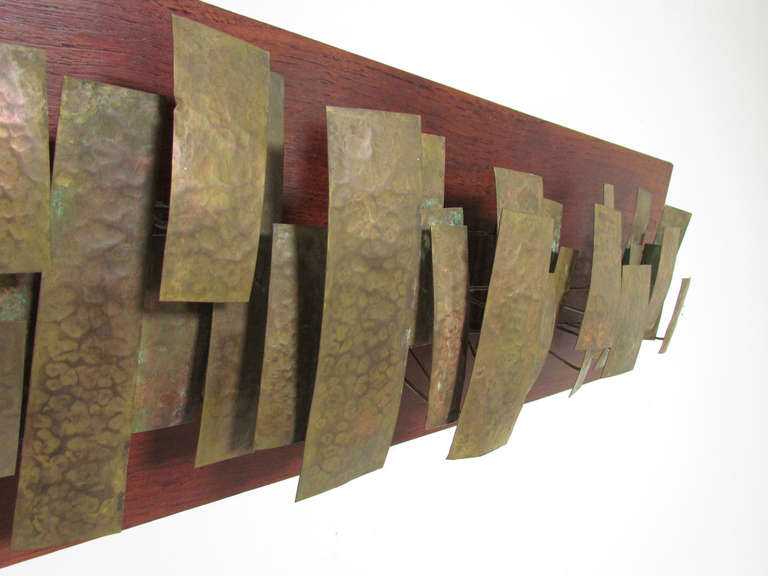 Brass Brutalist Mid-Century Wall Sculpture on Teak Panel by George Edward Lane