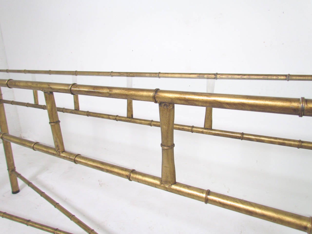 American Classic Sofa Console Table in Faux Bamboo Gilt Metal, circa 1960s