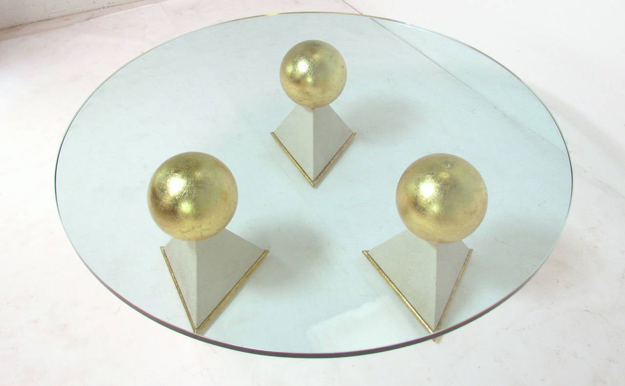 Unusual Custom Gold Leaf and Glass Coffee Table from Trump / Maples Estate In Good Condition In Peabody, MA