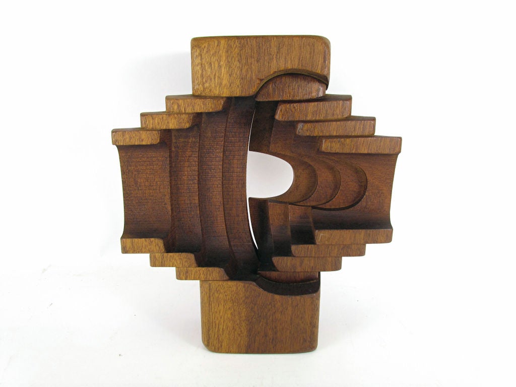 Abstract carved wood sculpture in teak by noted British artist Brian Willsher, signed and dated 1979.