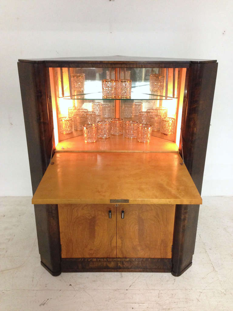 French Art Deco Burl Wood Lighted Bar Corner Cabinet 1
