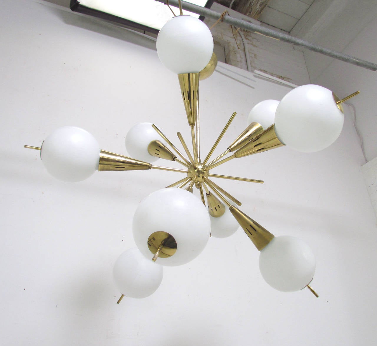 American Brass and Glass Globe Nine-Arm Sputnik Chandelier Attributed to Stilnovo