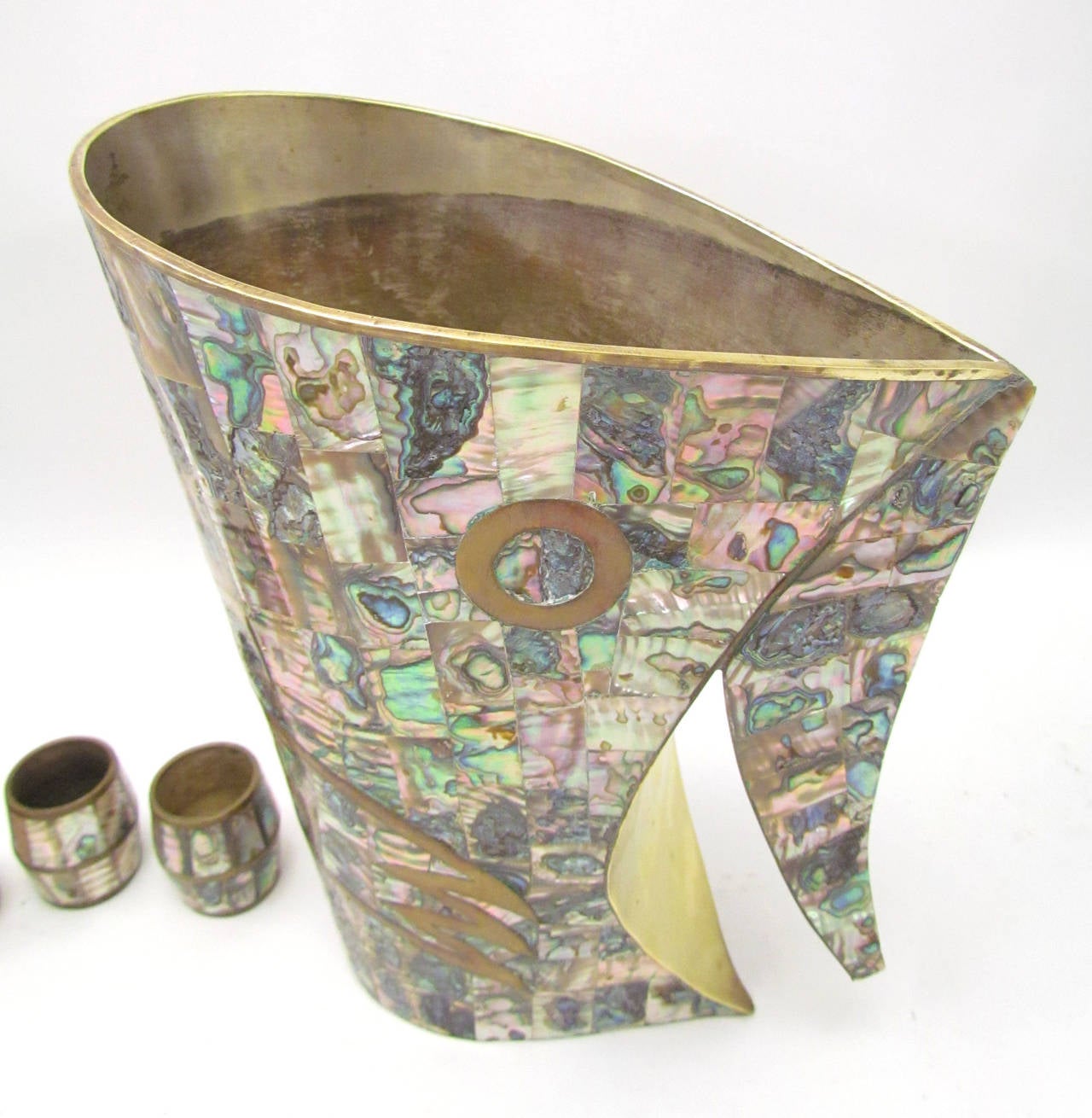 Folk Art Abalone Shell and Brass Pitcher and Shot Glasses after Salvador Teran