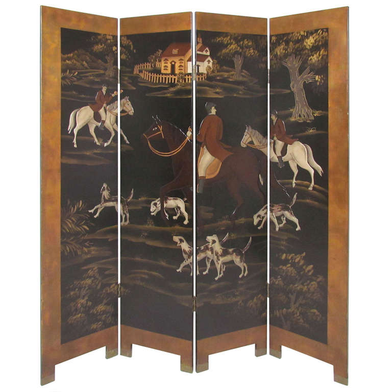 Four Panel Screen Room Divider With Fox Hunt And Horses Motif At 1stdibs Four Panel Screen Room Divider With Fox Hunt Horses Motif For