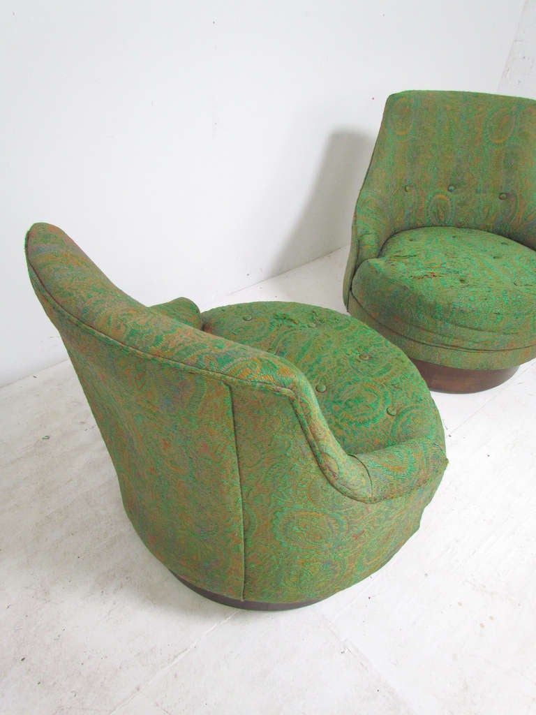 Upholstery Pair of Barrel Form Swivel Lounge Chairs by Adrian Pearsall