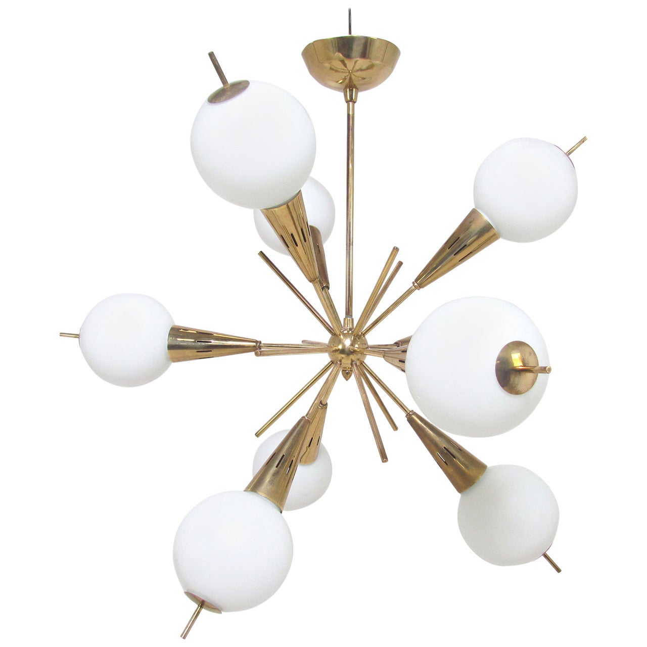 Brass and Glass Globe Nine-Arm Sputnik Chandelier Attributed to Stilnovo