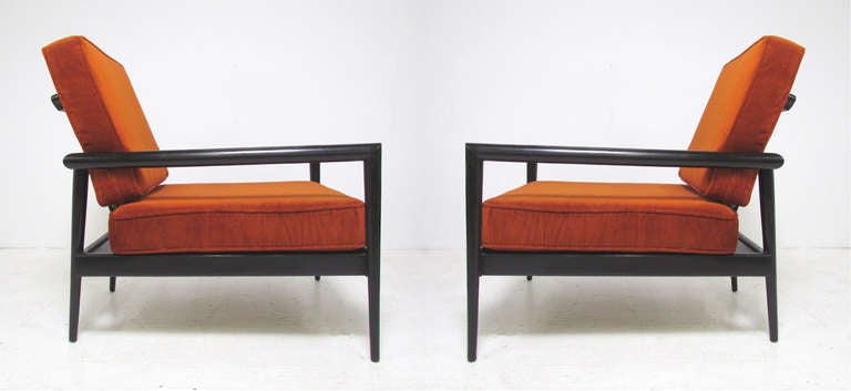 Rare pair of low slung Urban-Aire mid-century lounge chairs by Edmond Spence for Modernage, ca. 1953.  Popularly misattributed for years to O'Hearn Furniture as a design by Paul McCobb, recent scholarship by Jonathan Goldstein, author of the