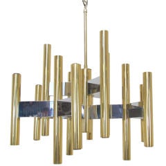 Modernist Chandelier in Brass & Chrome Signed Sonneman