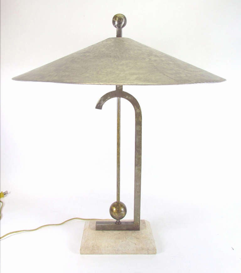 Mid-Century Modern Pair of Table Lamps in Fossil Stone & Brazed Steel