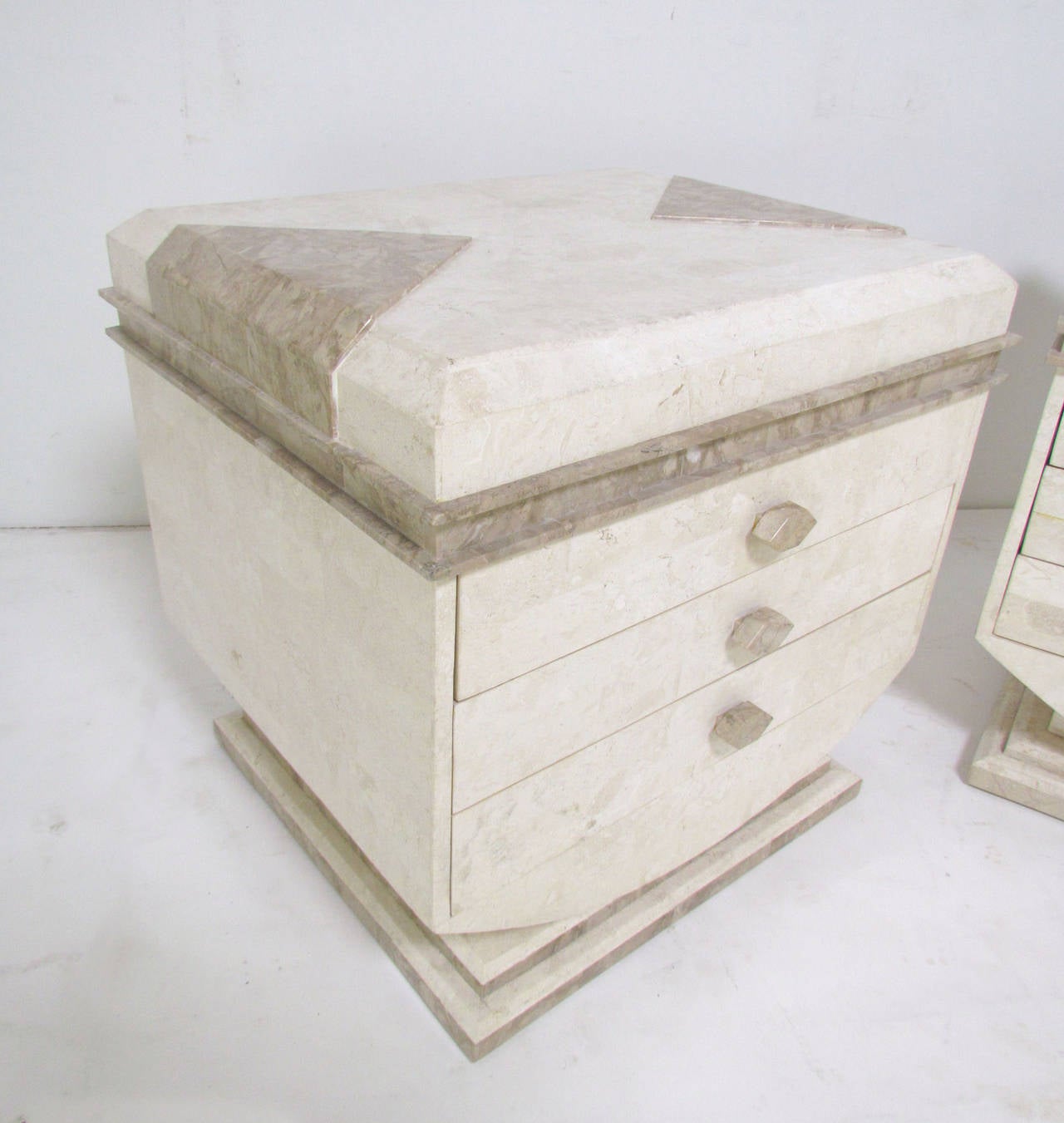 Tessellated Fossil Stone End Tables or Night Stands in Style of Karl