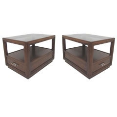 Pair of Mid-Century Modern Walnut and Smoked Glass End Tables