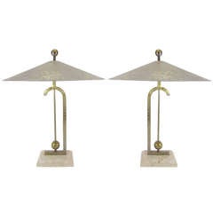 Pair of Table Lamps in Fossil Stone & Brazed Steel