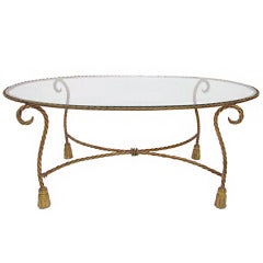 Hollywood Regency Style Italian Gilt Metal Rope & Tassel Coffee Table