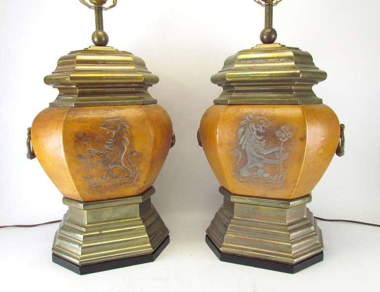 Hollywood Regency Pair of Embossed Leather and Brass Lamps with Gryphon Motif by Chapman