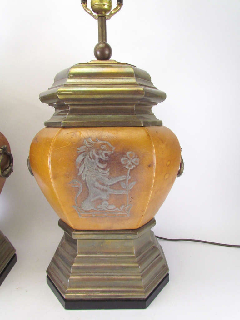 American Pair of Embossed Leather and Brass Lamps with Gryphon Motif by Chapman
