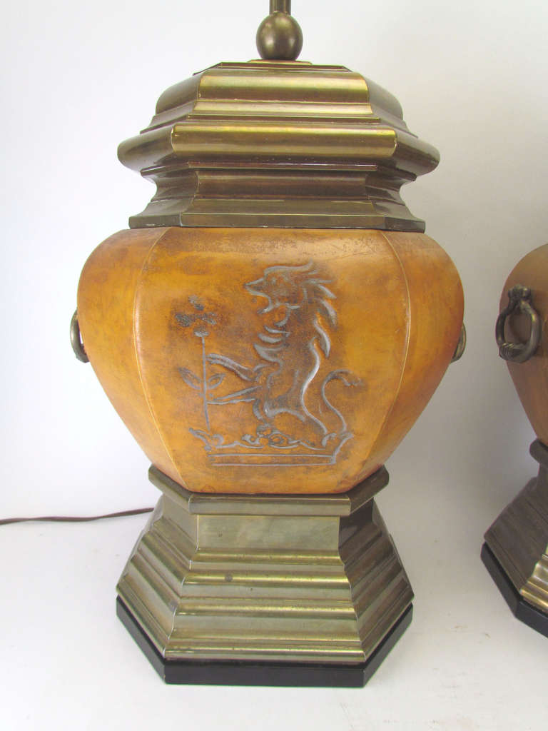 Pair of Embossed Leather and Brass Lamps with Gryphon Motif by Chapman In Good Condition In Peabody, MA