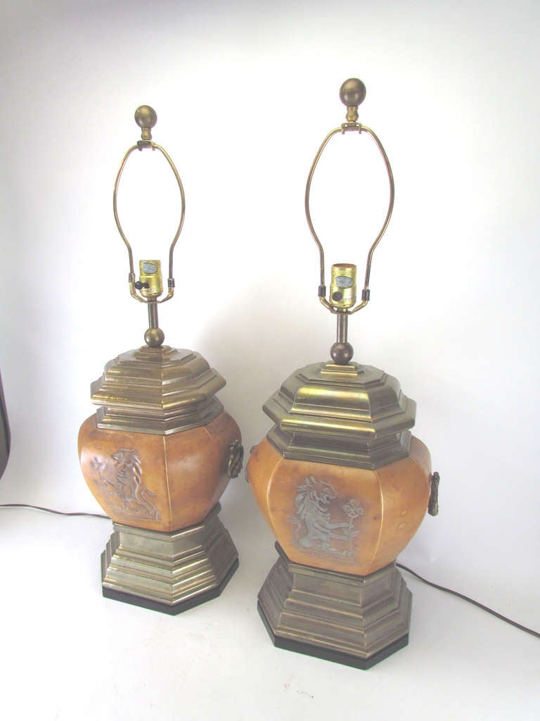 Mid-20th Century Pair of Embossed Leather and Brass Lamps with Gryphon Motif by Chapman