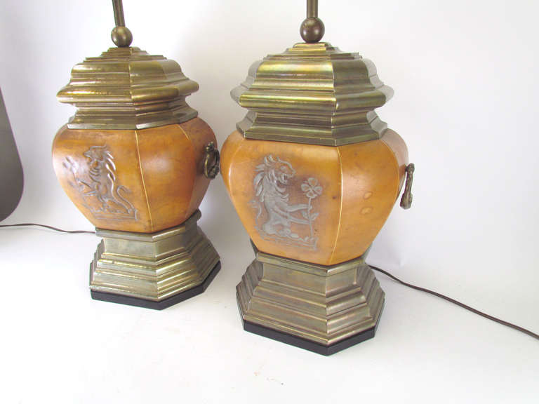 Pair of Embossed Leather and Brass Lamps with Gryphon Motif by Chapman 1
