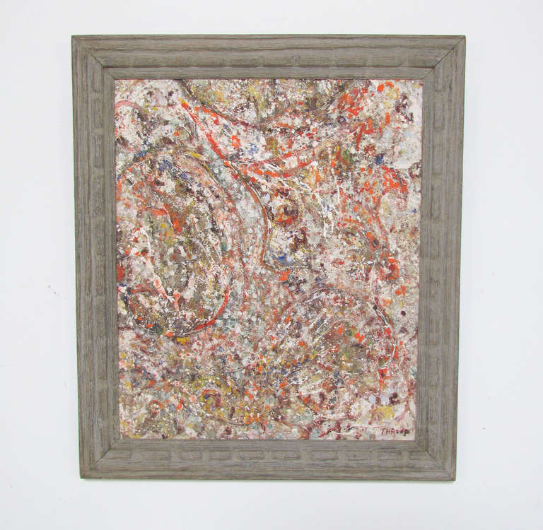 Abstract painting by Michigan artist Jean Throop, circa early 1960s.  Multiple layers of drip action and splatter work in the manner of Jackson Pollack, with minor elements of brushwork.  In a period carved Heydenryk style frame.