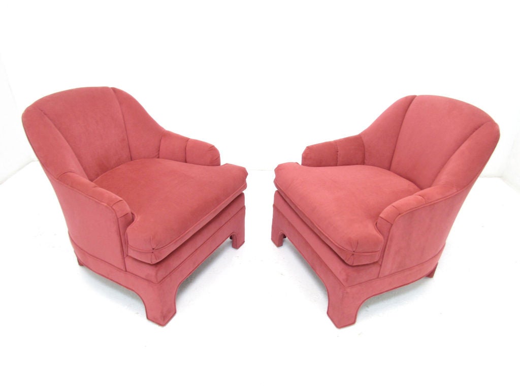 Pair of Slope Backed Barrel Form Upholstered Lounge Chairs