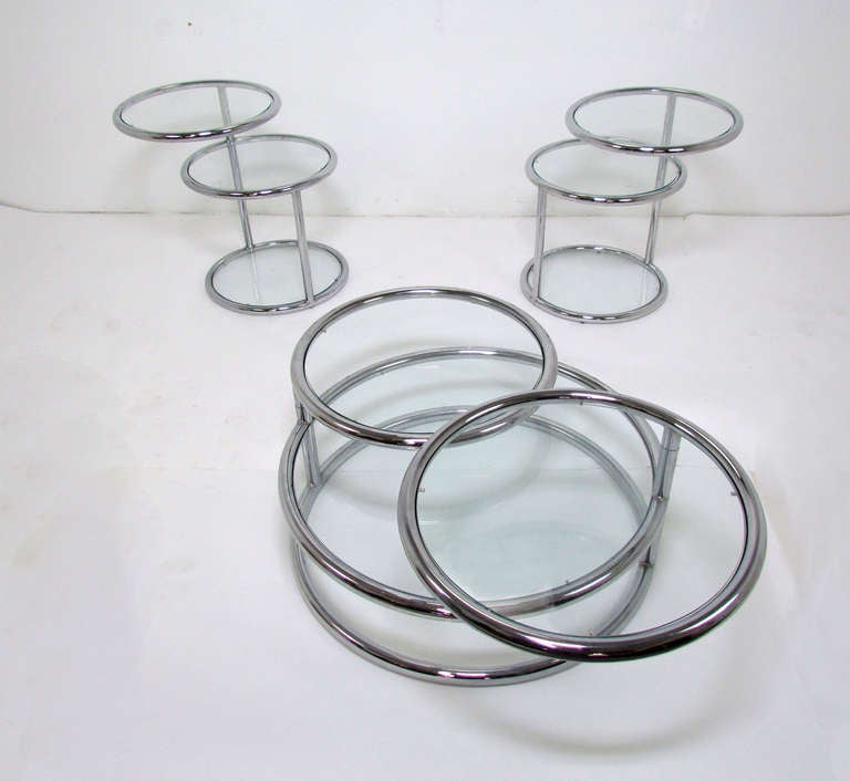 Multi-Tiered Chrome Coffee and Side Table Set in Manner of Pace
