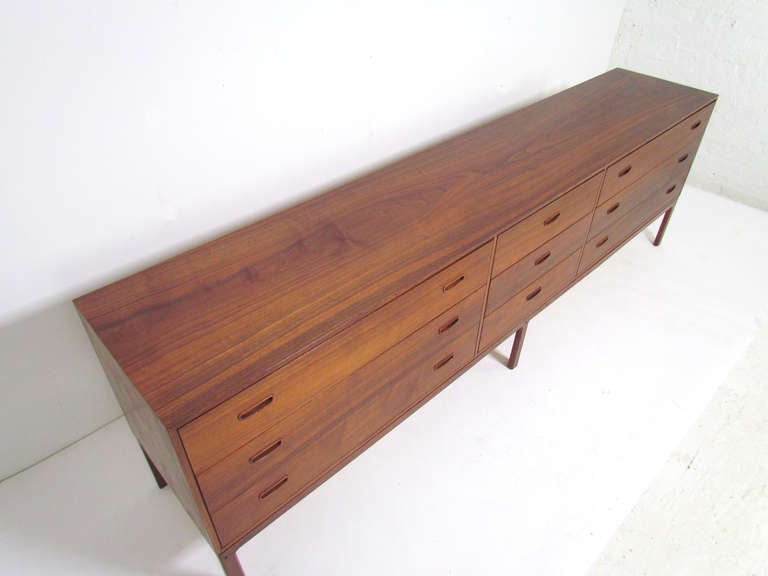 Scandinavian Modern Extra Long Danish Teak, Nine Drawer Dresser