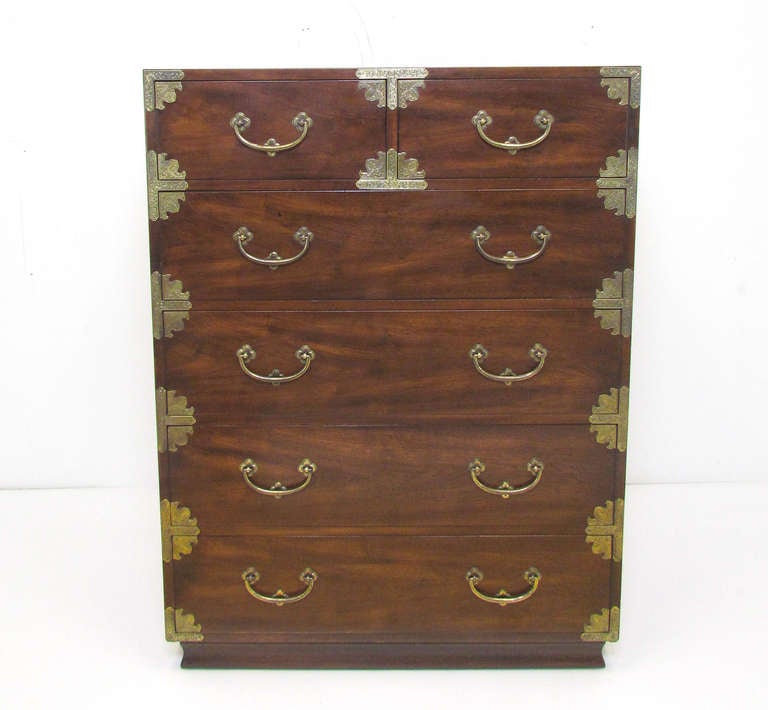Highboy Campaign chest with Asian inspired etched brass hardware by Henrendon.  Rich high gloss walnut dresser features six drawers.