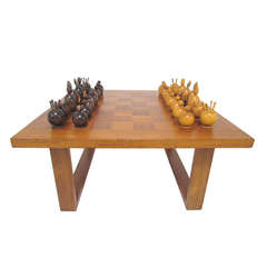 Danish Teak Checker Board Coffee Table by Cado with Carved Modernist Chess Set