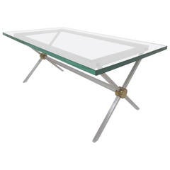X-Base Coffee Table in Brushed Steel Brass and Glass by John Vesey