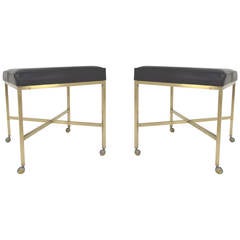 Vintage Pair of X-Form Brass Stools on Casters in the Manner of Paul McCobb