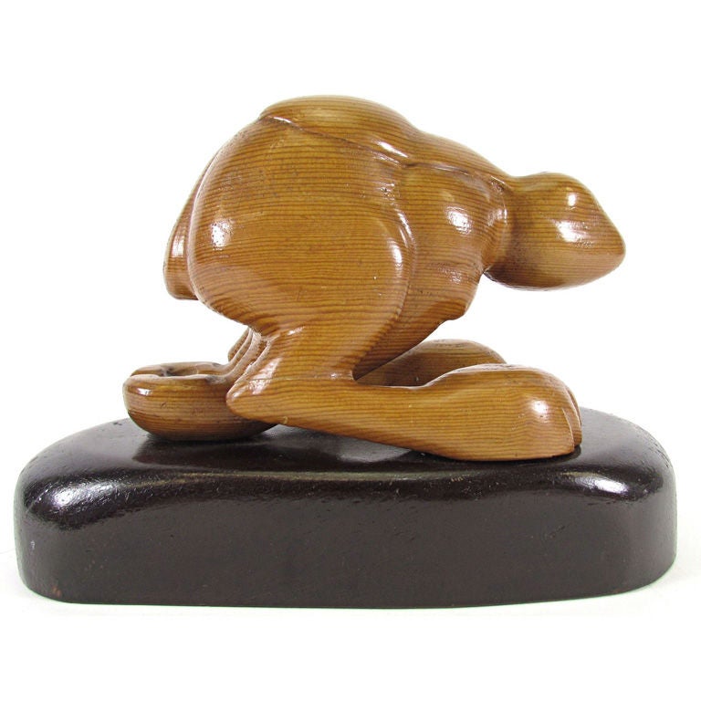 Carved Wood Sculpture of a Muscular Hare in Motion ca. 1960s