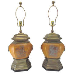 Pair of Embossed Leather and Brass Lamps with Gryphon Motif by Chapman