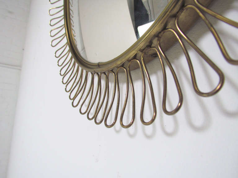Belgian Brass Sunburst Convex Accent Mirror in Manner of Line Vautrin