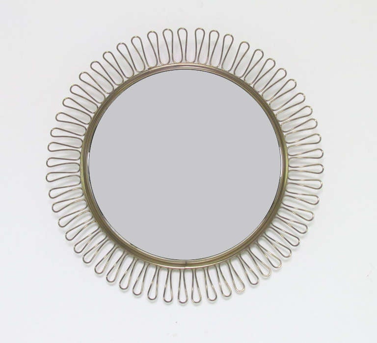 Brass sunburst accent mirror, convex glass, made in Belgium, ca, 1960s. In manner of Line Vautrin.