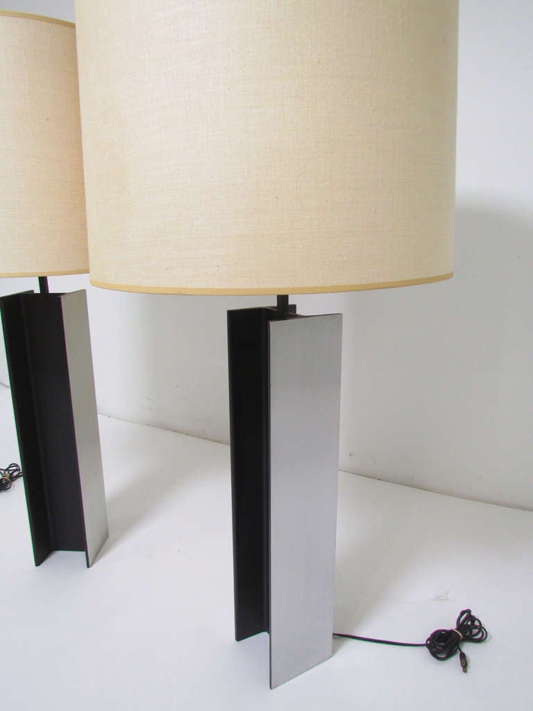 Mid-Century Modern Pair of Brushed Aluminum I-Beam Table Lamps by Laurel