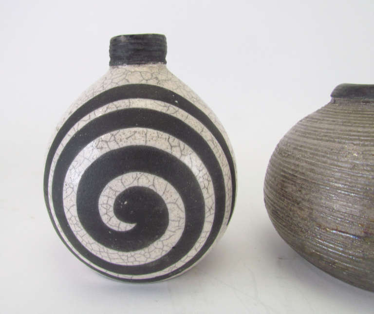American Trio of Raku Fired, Art Pottery Miniature Cabinet Vases by Andrew Berends
