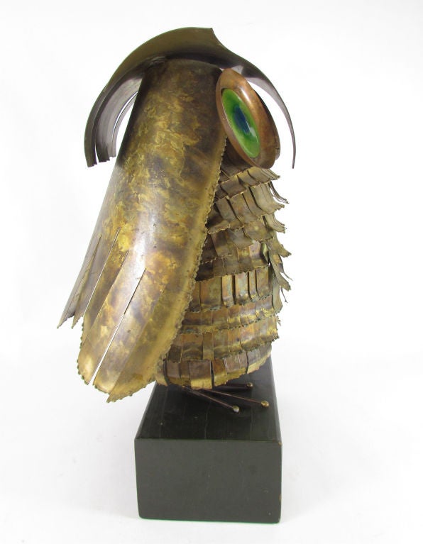American Curtis Jere Life Size Owl Sculpture with Enamel Eyes, d. 1967