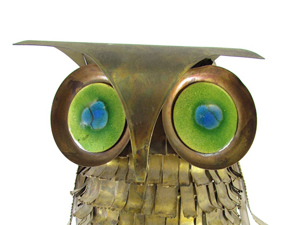 Brass Curtis Jere Life Size Owl Sculpture with Enamel Eyes, d. 1967