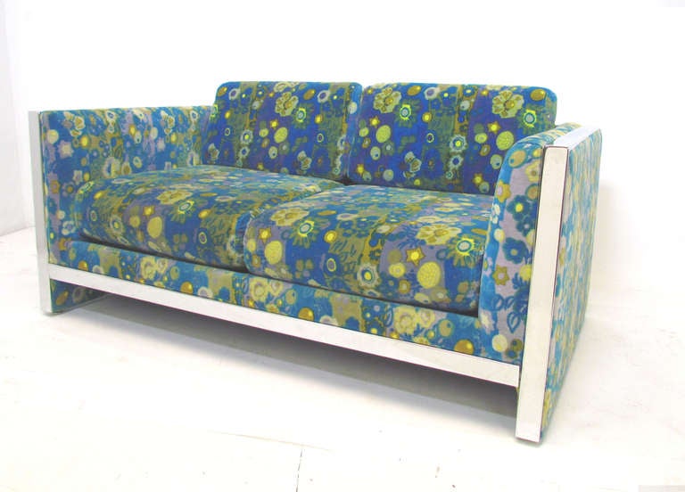 Milo Baughman loveseat / two-seater sofa with chrome trim and original Jack Lenor Larsen velvet upholstery, ca. mid-1960s.