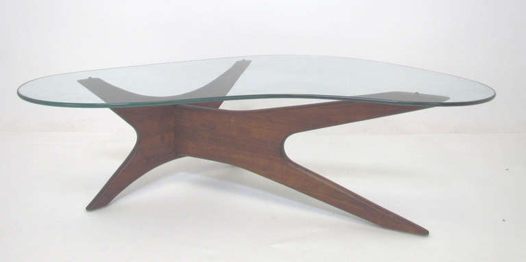 Mid-century coffee table designed by Adrian Pearsall for Craft Associates, ca. 1960s, with original boomerang plate glass top.