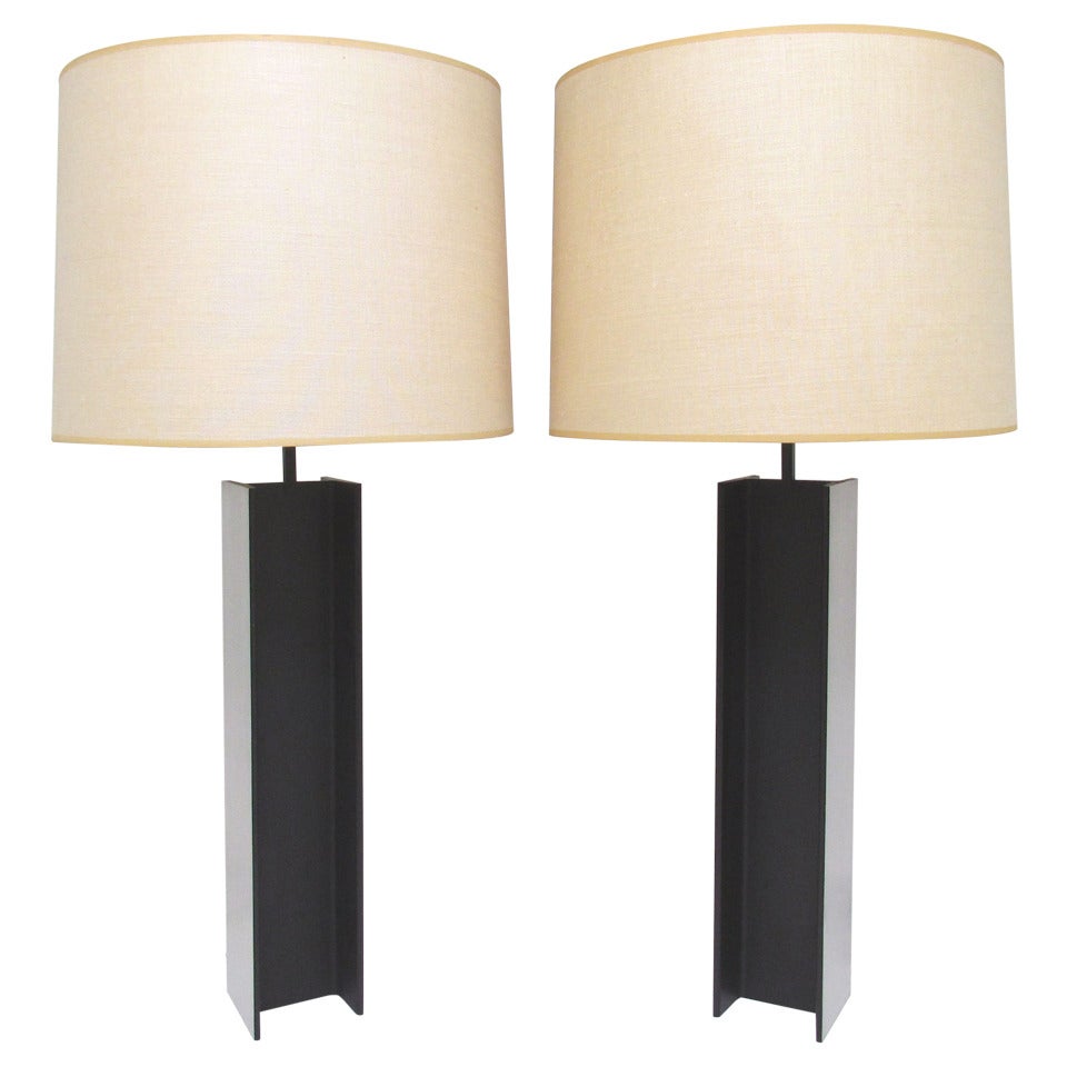 Pair of Brushed Aluminum I-Beam Table Lamps by Laurel