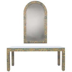 Parsons Style Console Table with Mirror in Indian Chintz, ca. 1970s