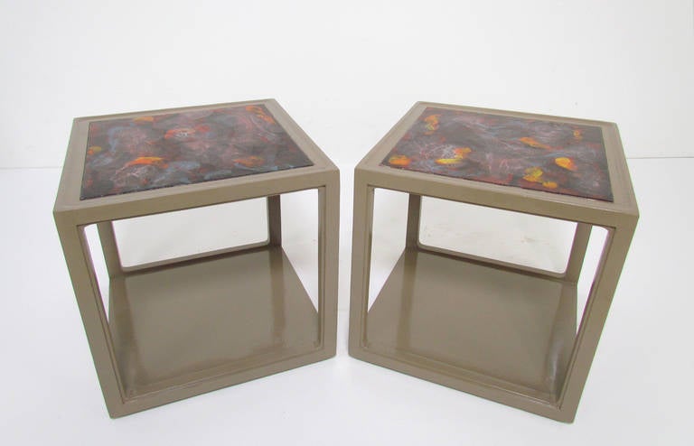 Wood Pair of End Tables with Tile Tops by Edward Wormley for Drexel Precedent