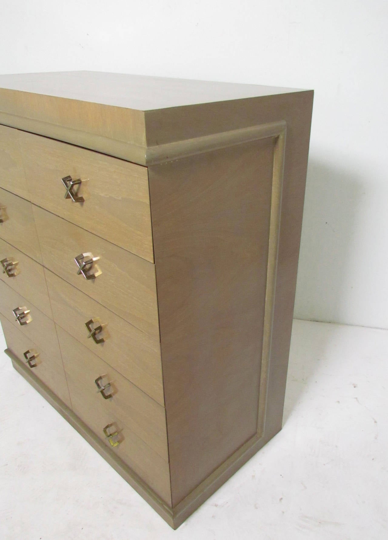 High Boy Mid-Century Dresser with X-Pulls in the Manner of Paul Frankl In Good Condition In Peabody, MA