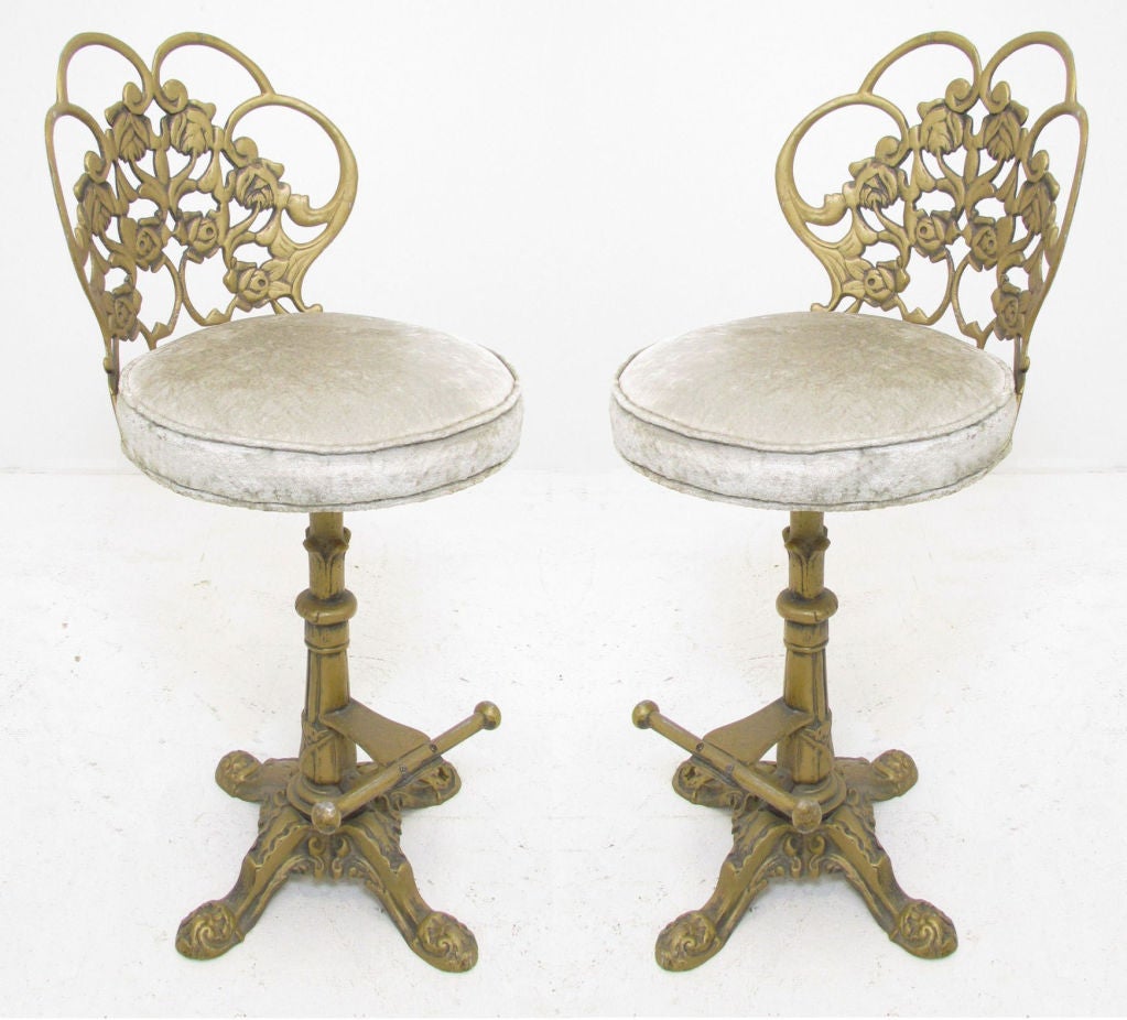 Pair of Mid-Century Fanciful Gilded  Swivel Bar Stools ca. 1950s