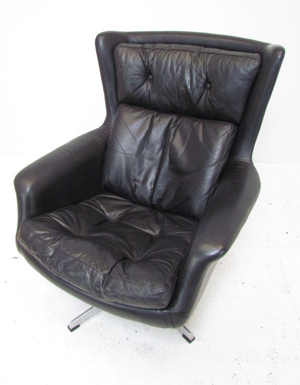 Danish Leather High Back Swivel Lounge Chair ca. 1970s 1