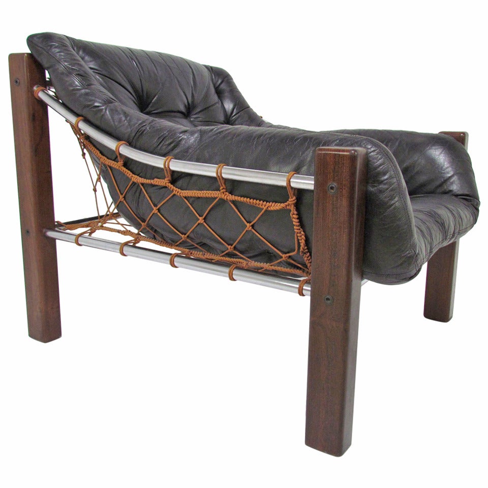 Low Slung Lounge Chair in Leather and Brazilian Rosewood by Jean Gillon